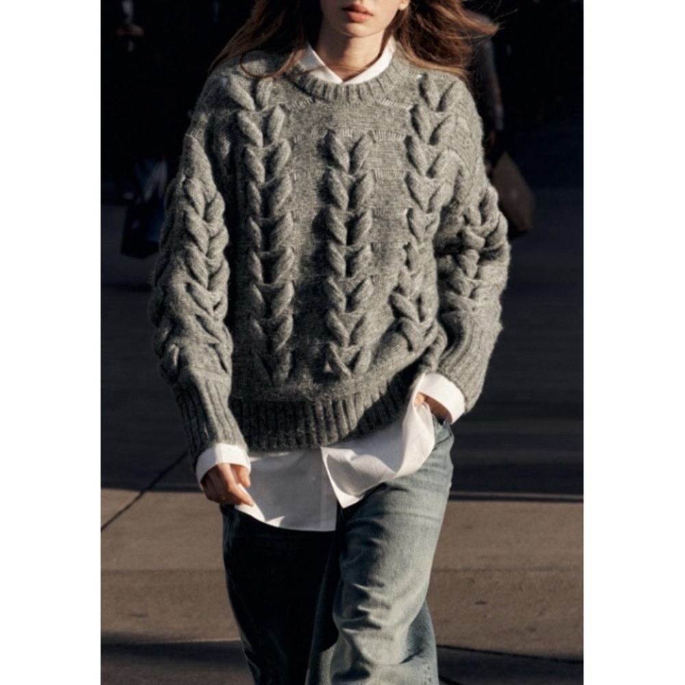 Zara Gray Chunky Cable Knit Alpaca Blend Sweater Sz M Cozy Oversized Gorpcore